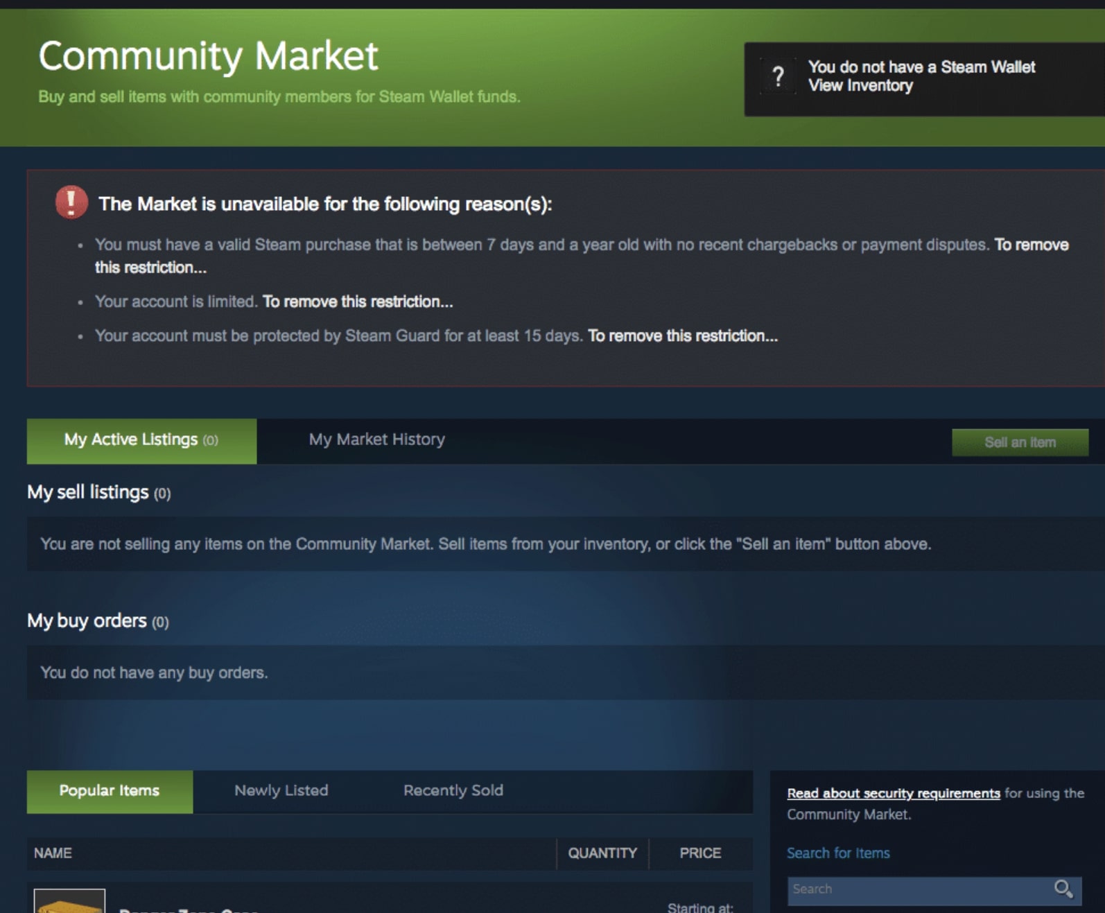 Community Market page for a trade restricted account