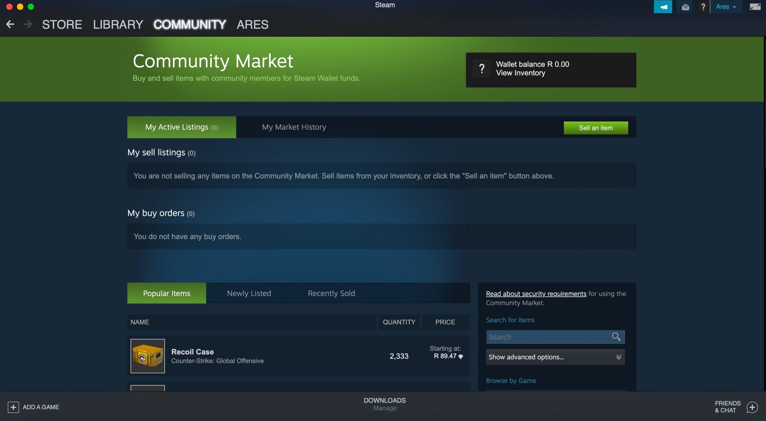 Community Market page for a trading account