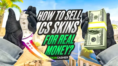 A knife skin in one hand and a stack of dollar bills in the other