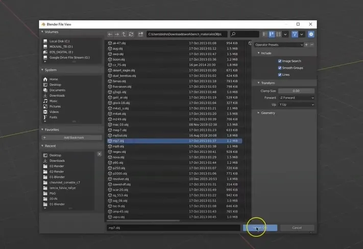 Importing the OBJ file in Blender